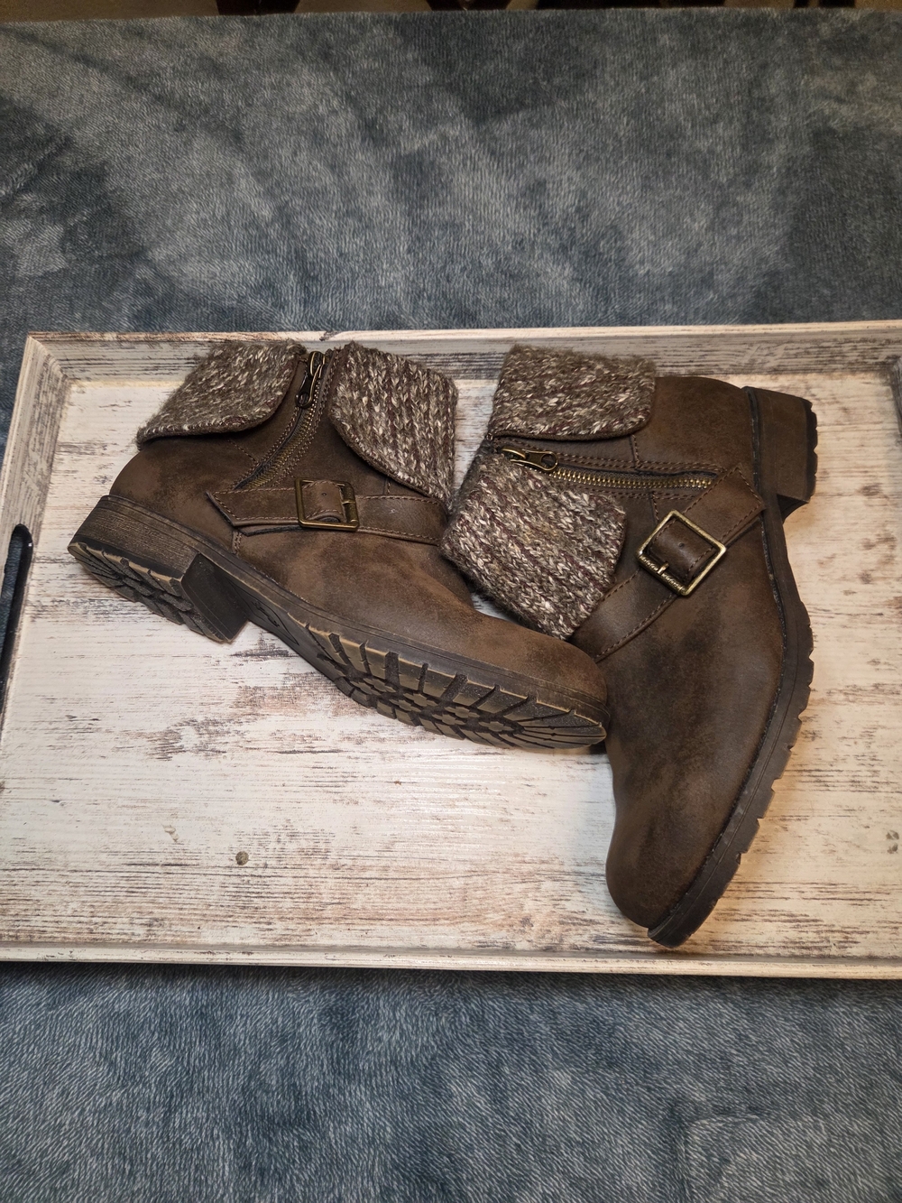 Brown Fold-Over Knit Cuff Ankle Boots - Women